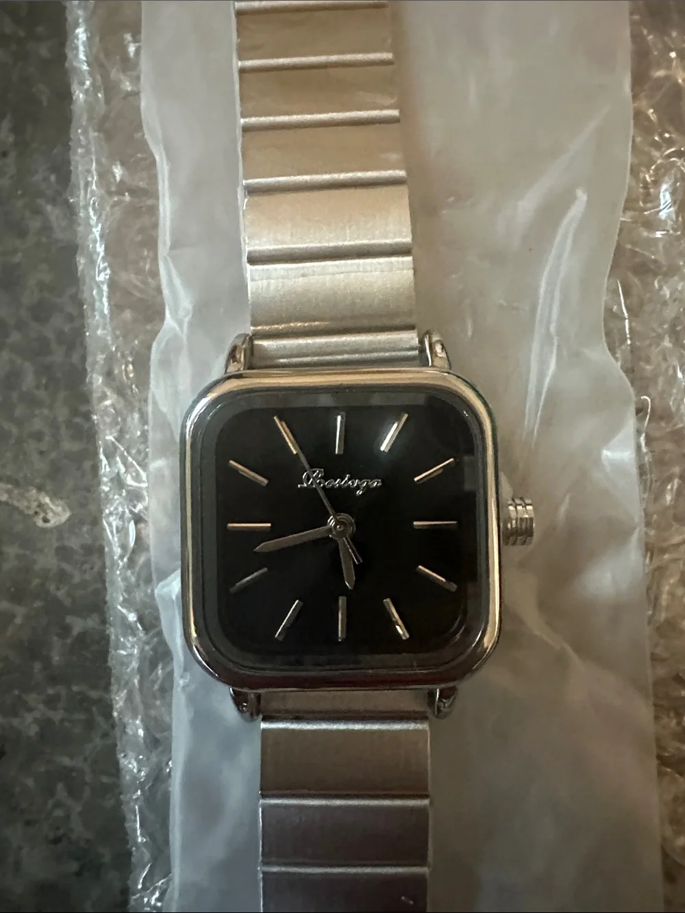Womens Stainless Steel Silver Square-Face Watch - Black Dial